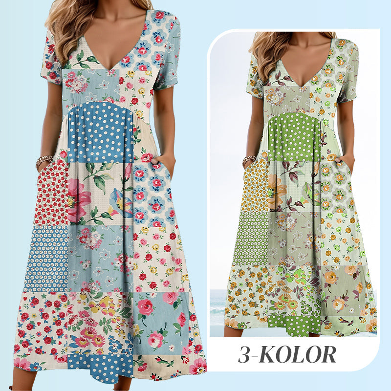 Women's V-neck dresses with short sleeves in patterned designs