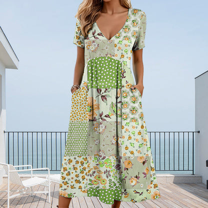Women's V-neck dresses with short sleeves in patterned designs