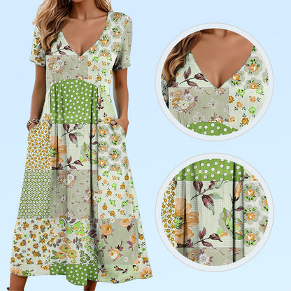 Women's V-neck dresses with short sleeves in patterned designs
