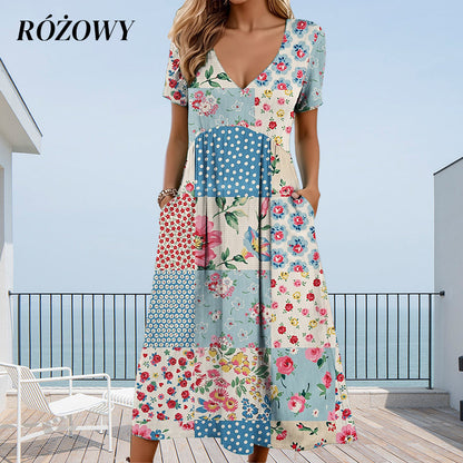 Women's V-neck dresses with short sleeves in patterned designs