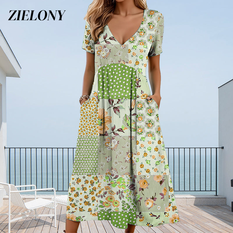 Women's V-neck dresses with short sleeves in patterned designs