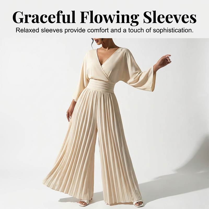 🥳2026 HOT SALE🥳💞50K+ SOLD!🌸👖 50% OFF! Women’s V-Neck Wide-Leg Jumpsuit – Smocked waist creates hourglass shape. Flowing 3/4 sleeves, graceful movement. A stunning piece for special occasions. 🛡️✅