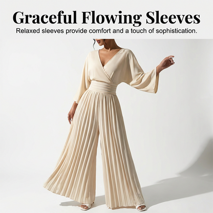 🥳2026 HOT SALE🥳💞50K+ SOLD!🌸👖 50% OFF! Women’s V-Neck Wide-Leg Jumpsuit – Smocked waist creates hourglass shape. Flowing 3/4 sleeves, graceful movement. A stunning piece for special occasions. 🛡️✅