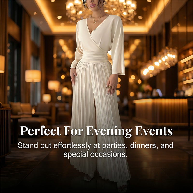 🥳2026 HOT SALE🥳💞50K+ SOLD!🌸👖 50% OFF! Women’s V-Neck Wide-Leg Jumpsuit – Smocked waist creates hourglass shape. Flowing 3/4 sleeves, graceful movement. A stunning piece for special occasions. 🛡️✅