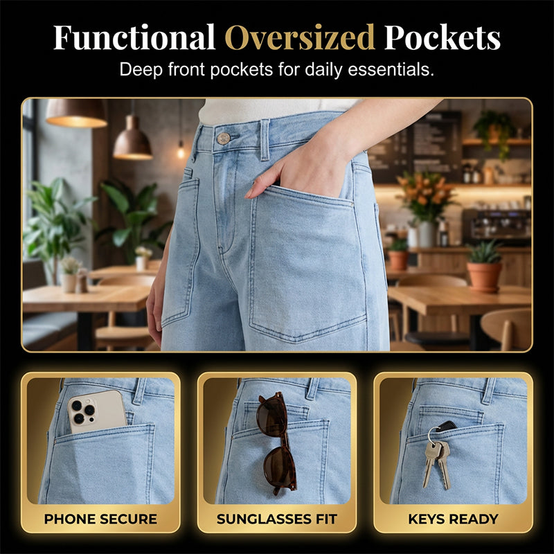 Casual Barrel Leg Jeans with Patch Pockets