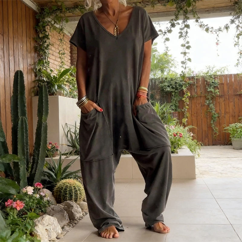 🔥2026New Style🔥Casual Oversized V-Neck One-Piece Jumpsuit – Soft Fabric, Slim & Trendy