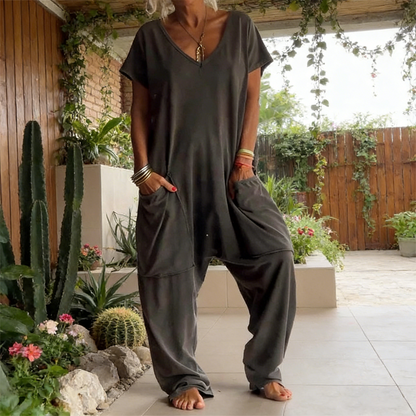 🔥2026New Style🔥Casual Oversized V-Neck One-Piece Jumpsuit – Soft Fabric, Slim & Trendy