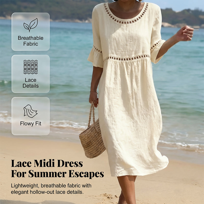 Lace Trim Cotton Linen Midi Dress