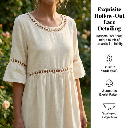 Lace Trim Cotton Linen Midi Dress