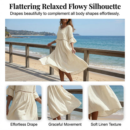 Lace Trim Cotton Linen Midi Dress