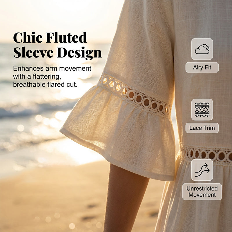 Lace Trim Cotton Linen Midi Dress
