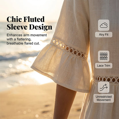 Lace Trim Cotton Linen Midi Dress
