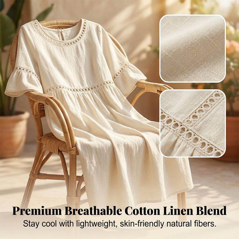 Lace Trim Cotton Linen Midi Dress