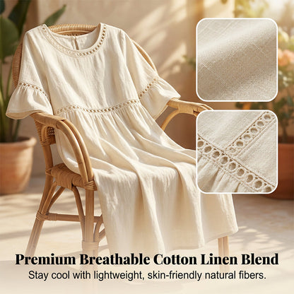 Lace Trim Cotton Linen Midi Dress