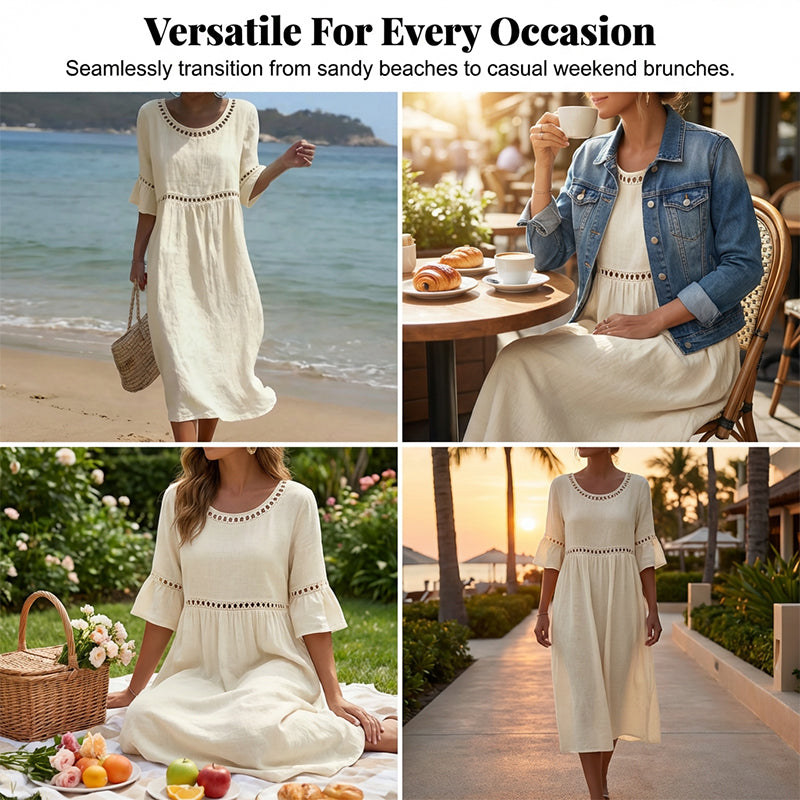 Lace Trim Cotton Linen Midi Dress