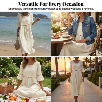 Lace Trim Cotton Linen Midi Dress