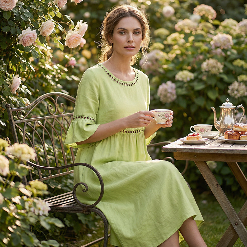 Lace Trim Cotton Linen Midi Dress