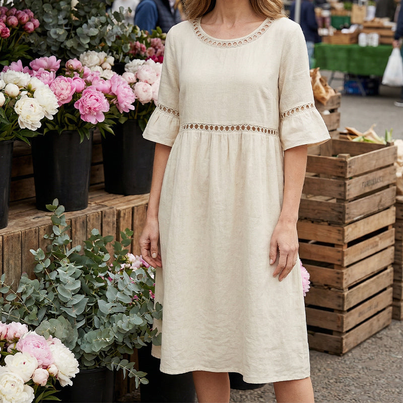 Lace Trim Cotton Linen Midi Dress
