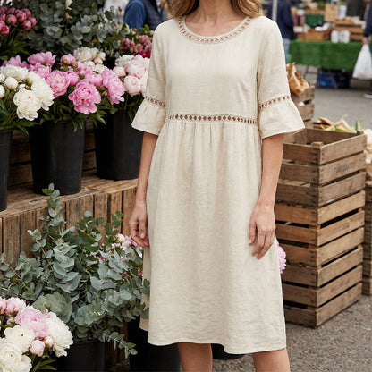 Lace Trim Cotton Linen Midi Dress