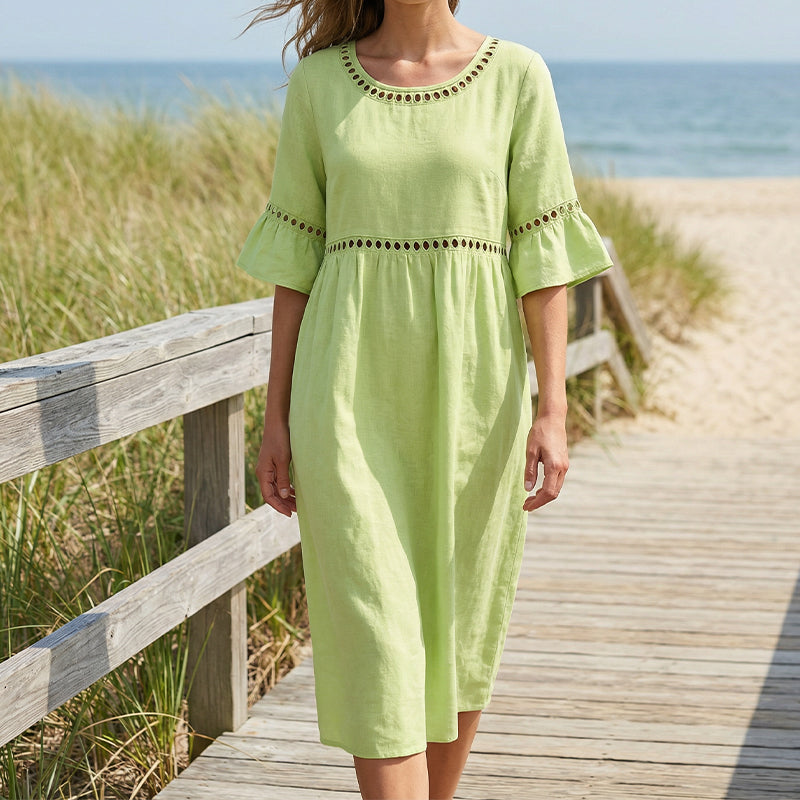Lace Trim Cotton Linen Midi Dress