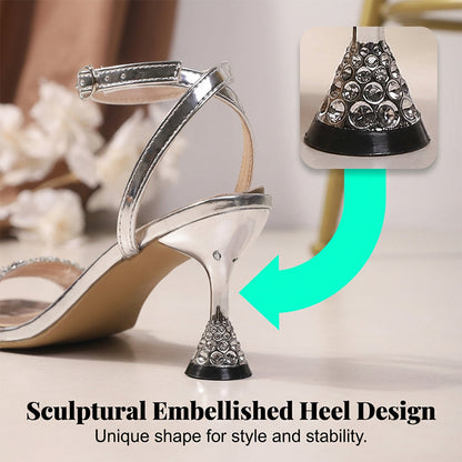 Rhinestone Ankle Strap Sandals with Sculptural Heel