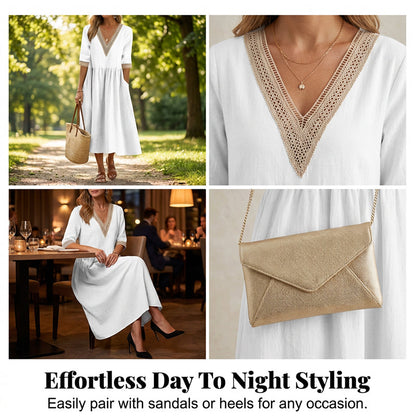 Women's V-Neck Lace Trim Midi Dress❤️BUY 2 GET FREE SHIPPING