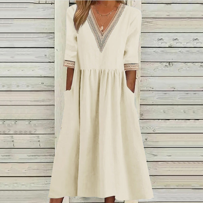 Women's V-Neck Lace Trim Midi Dress❤️BUY 2 GET FREE SHIPPING