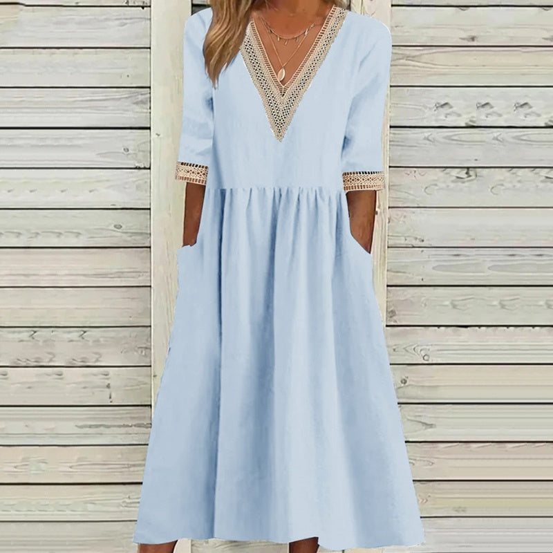 Women's V-Neck Lace Trim Midi Dress❤️BUY 2 GET FREE SHIPPING