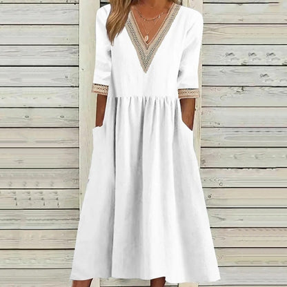 Women's V-Neck Lace Trim Midi Dress❤️BUY 2 GET FREE SHIPPING