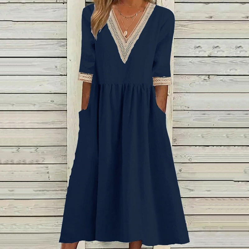 Women's V-Neck Lace Trim Midi Dress❤️BUY 2 GET FREE SHIPPING