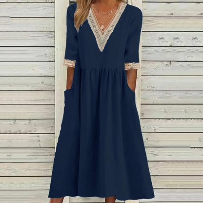 Women's V-Neck Lace Trim Midi Dress❤️BUY 2 GET FREE SHIPPING
