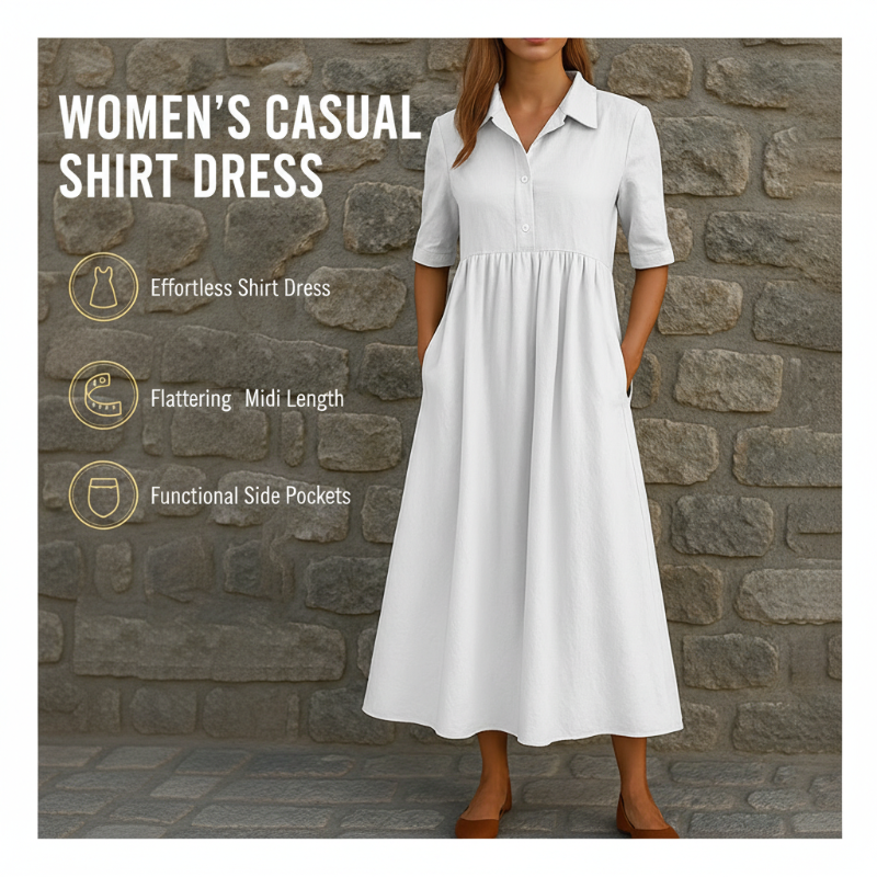 Women's Casual High Waist Midi Shirt Dress