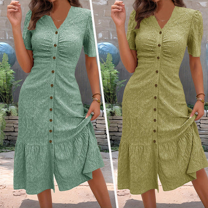 🔥LAST DAY 50% OFF🌞💃Women's Button-Up V-Neck Short Sleeve Midi Dress