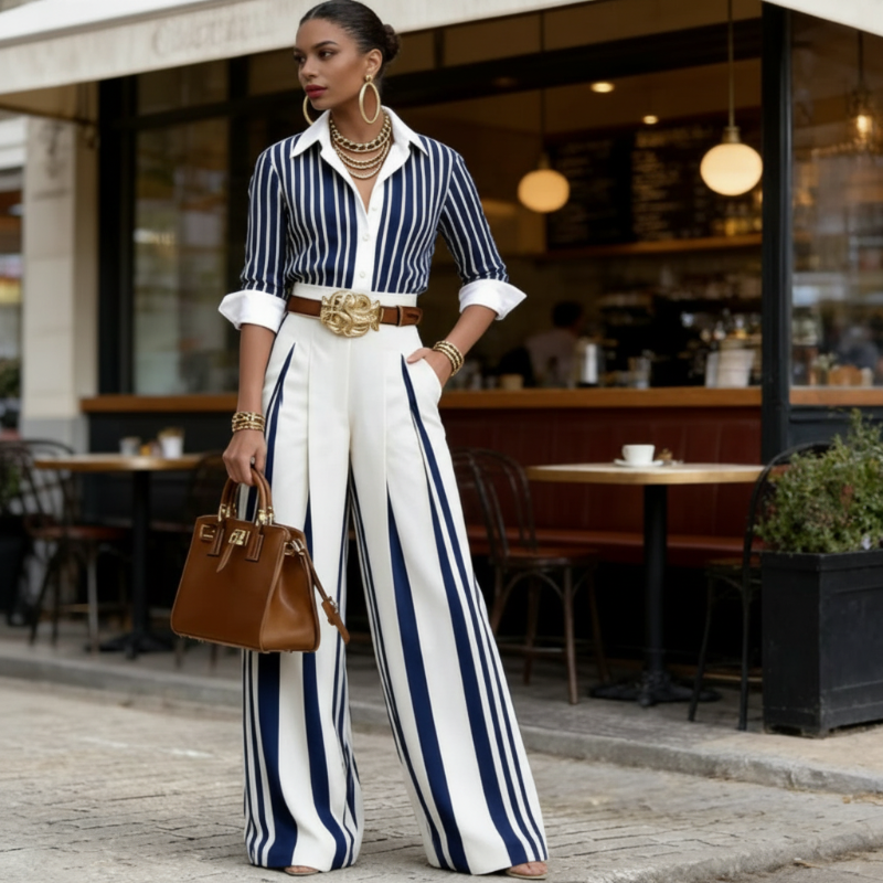 🥳SUMMER HOT SALE🥳💞50K+ SOLD!💥50% OFF! 🔥 Women's Striped Shirt & Wide-Leg Pants 2-Piece Set