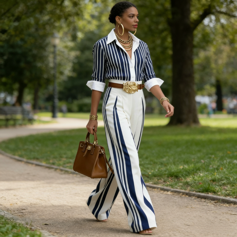 🥳SUMMER HOT SALE🥳💞50K+ SOLD!💥50% OFF! 🔥 Women's Striped Shirt & Wide-Leg Pants 2-Piece Set