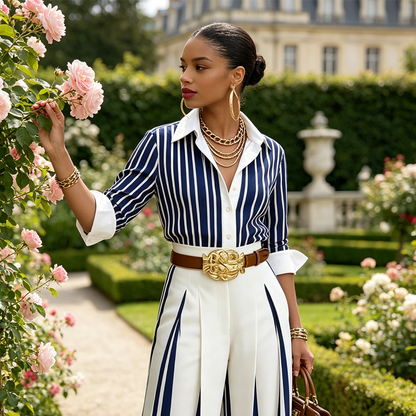 🥳SUMMER HOT SALE🥳💞50K+ SOLD!💥50% OFF! 🔥 Women's Striped Shirt & Wide-Leg Pants 2-Piece Set