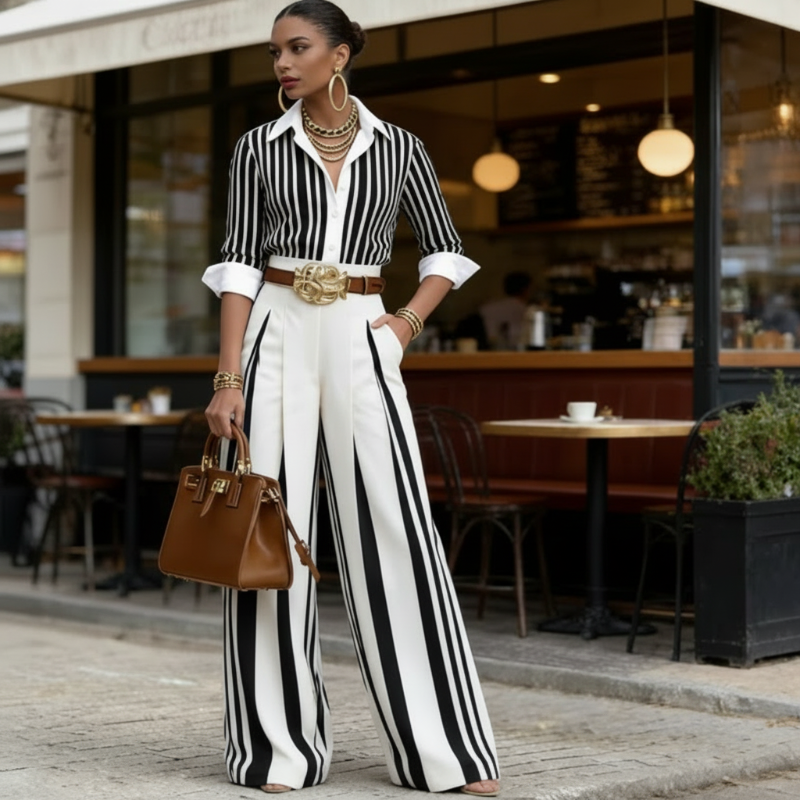 🥳SUMMER HOT SALE🥳💞50K+ SOLD!💥50% OFF! 🔥 Women's Striped Shirt & Wide-Leg Pants 2-Piece Set