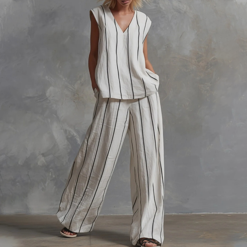 Sleeveless Vertical Stripe Two-Piece Lounge Set