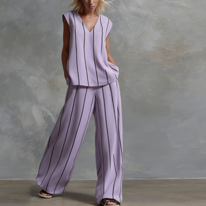 Sleeveless Vertical Stripe Two-Piece Lounge Set