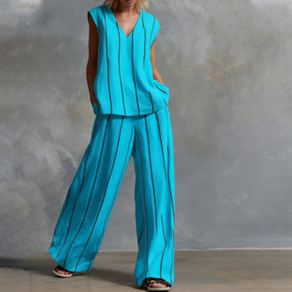 Sleeveless Vertical Stripe Two-Piece Lounge Set