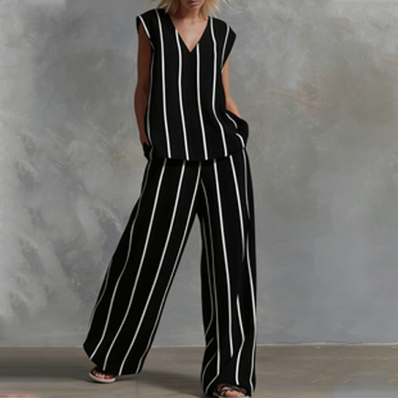 Sleeveless Vertical Stripe Two-Piece Lounge Set