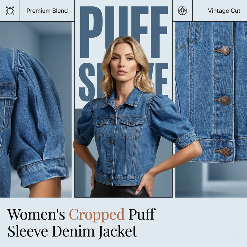 🧥 50% OFF NOW! ✨Women's Puff Short Sleeve Cropped Denim Jacket
