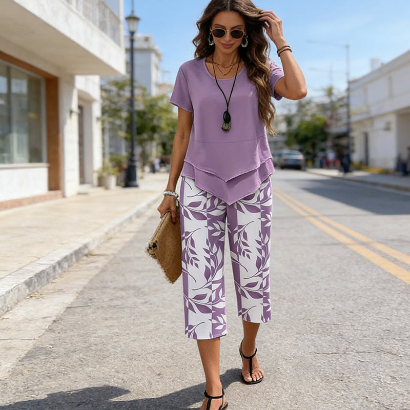 🔥40% OFF for a limited time🔥Casual Round Neck Layered Tunic Top and Wide Leg Pants Set