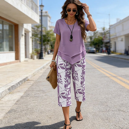 🔥40% OFF for a limited time🔥Casual Round Neck Layered Tunic Top and Wide Leg Pants Set