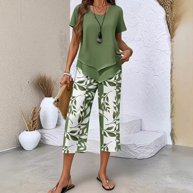 🔥40% OFF for a limited time🔥Casual Round Neck Layered Tunic Top and Wide Leg Pants Set