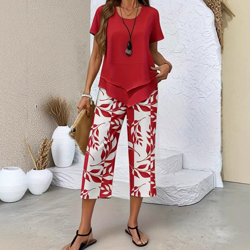 🔥40% OFF for a limited time🔥Casual Round Neck Layered Tunic Top and Wide Leg Pants Set