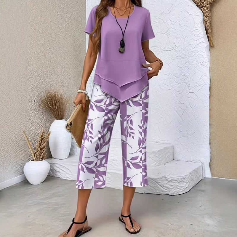 🔥40% OFF for a limited time🔥Casual Round Neck Layered Tunic Top and Wide Leg Pants Set