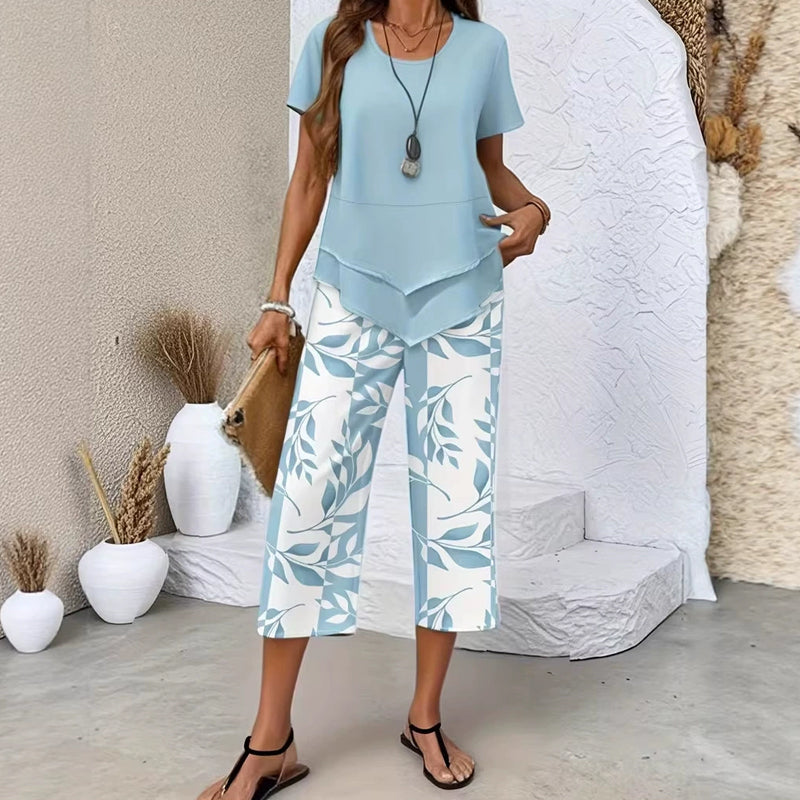 🔥40% OFF for a limited time🔥Casual Round Neck Layered Tunic Top and Wide Leg Pants Set