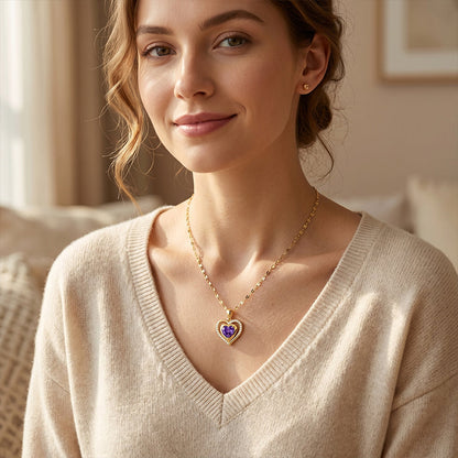 Elegant Double Heart Necklace with Purple Rhinestone