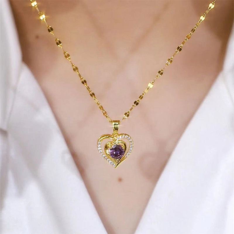 Elegant Double Heart Necklace with Purple Rhinestone
